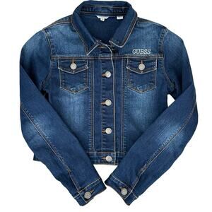 GUESS Girls Denim Jean Jacket Size 10 Rhinestone Logo Classic Stretch